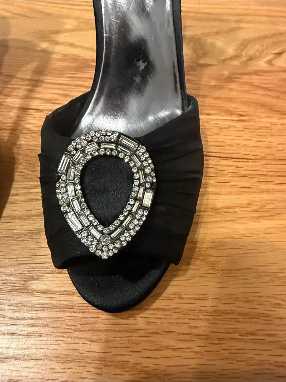 Badgley Mischka Black Satin Ankle-Strap Heels with Crystal Teardrop Buckle